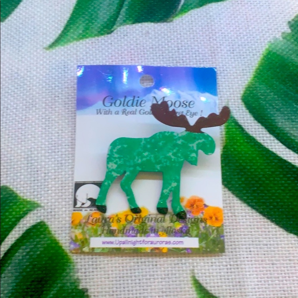 Green Glitter Moose Pin Made In Alaska